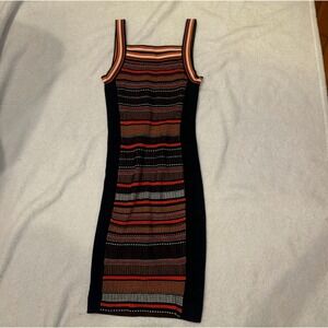 Karen Millen Knit Dress Square Neck Striped Mini Bodycon XS Orange Black